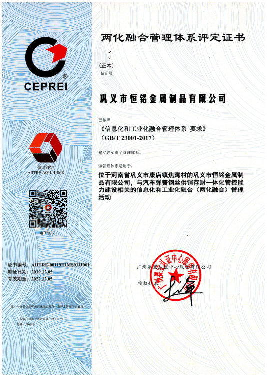 2019年12月5日我公司獲得《兩化融合管理體系評(píng)定證書(shū)》